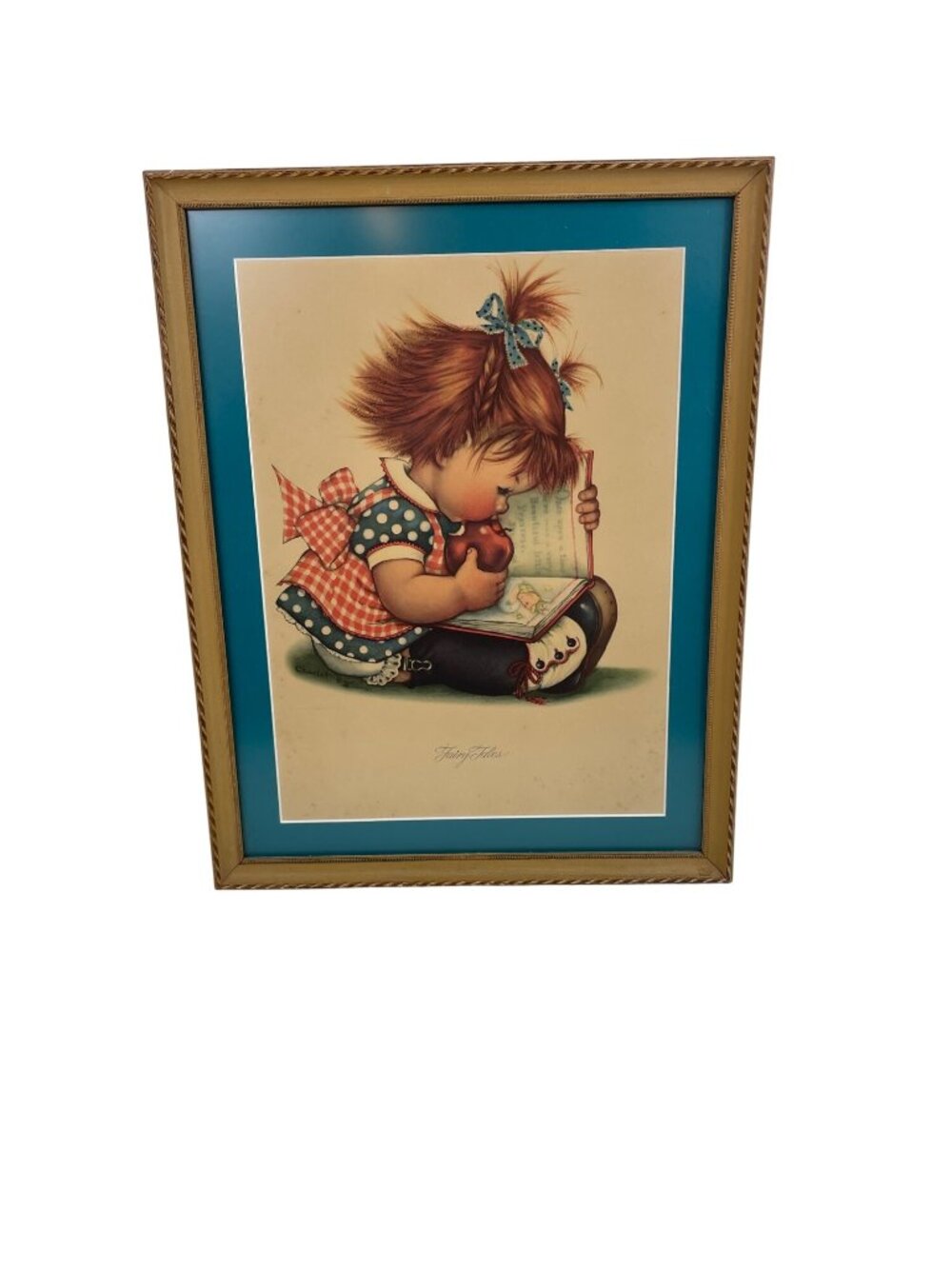 Vintage Framed Fairy Tales Print Red Haired Girl Reading Book